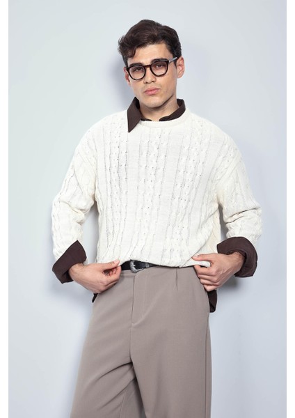 Erkek Oversize Örgü Desenli Triko Kazak Bej