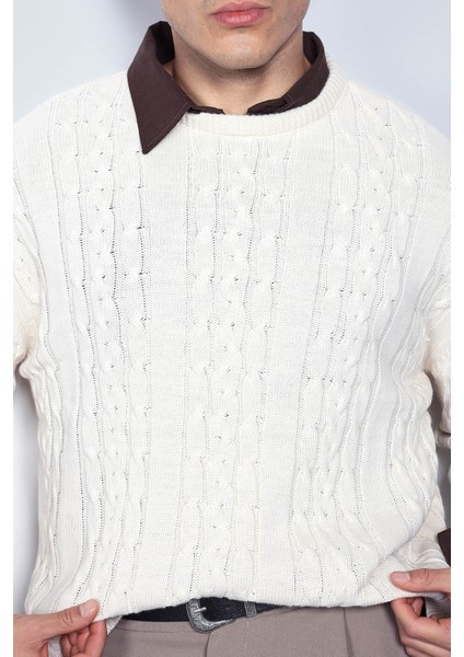 Erkek Oversize Örgü Desenli Triko Kazak Bej modelleri