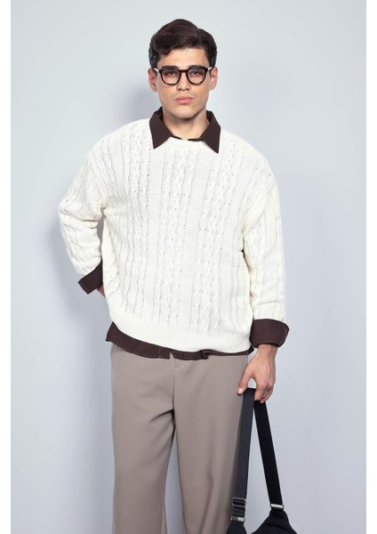 Erkek Oversize Örgü Desenli Triko Kazak Bej fırsatları