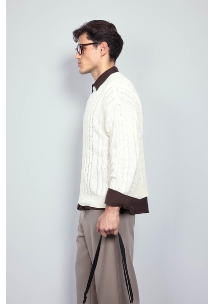 Erkek Oversize Örgü Desenli Triko Kazak Bej indirimleri