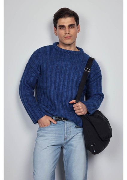 Erkek Oversize Kalın Fitilli Triko Kazak Indigo