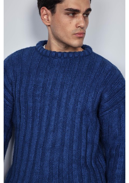 Erkek Oversize Kalın Fitilli Triko Kazak Indigo fiyatları