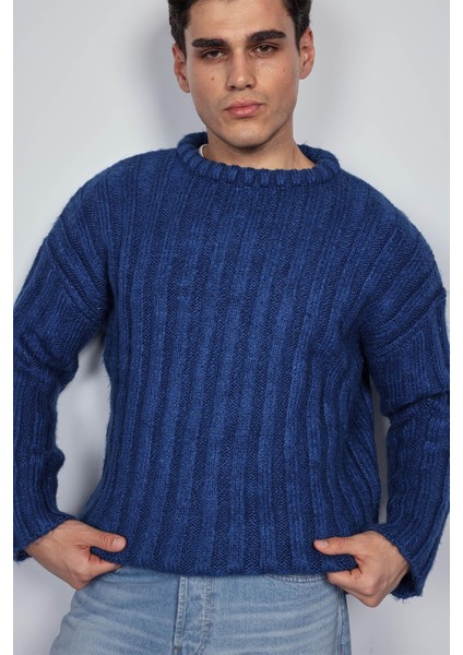 Erkek Oversize Kalın Fitilli Triko Kazak Indigo modelleri