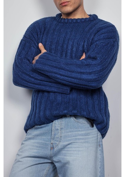 Erkek Oversize Kalın Fitilli Triko Kazak Indigo fırsatları