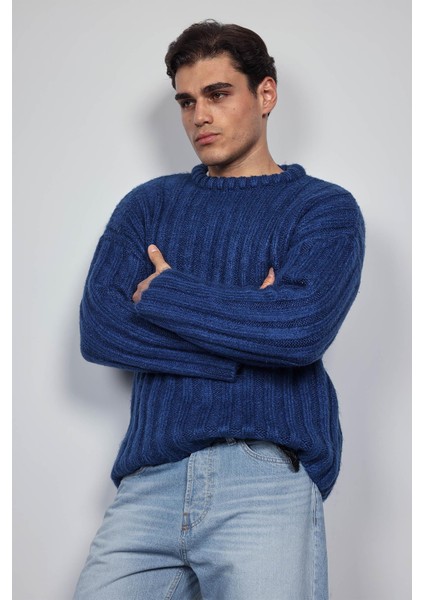 Erkek Oversize Kalın Fitilli Triko Kazak Indigo indirimleri