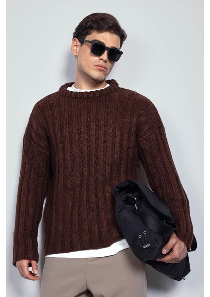 Erkek Oversize Kalın Fitilli Triko Kazak Kahve