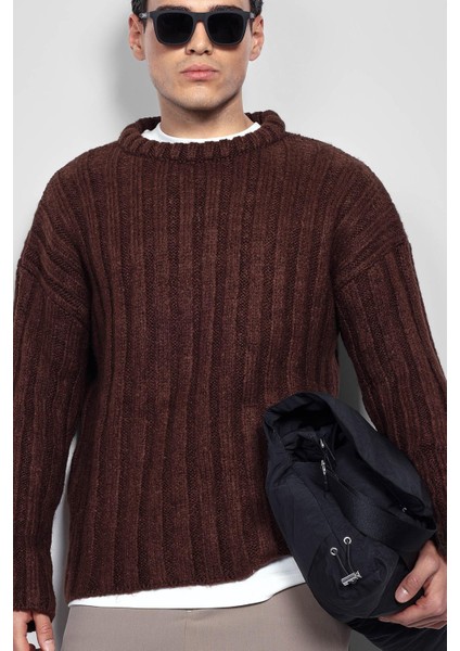 Erkek Oversize Kalın Fitilli Triko Kazak Kahve fırsatları