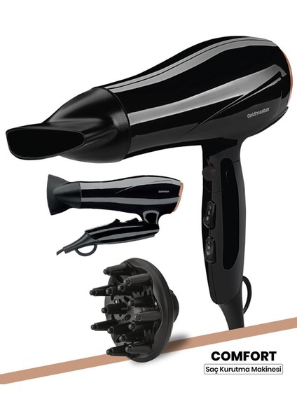 Profesyonel 2400W Katlanabilir Difüzörlü Saç Kurutma Makinesi, Siyah