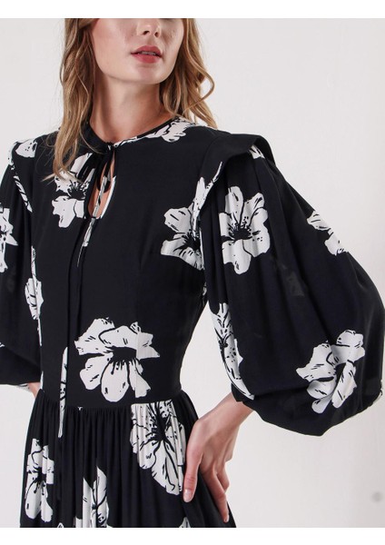 Siyah Balon Kollu Pens Detaylı Elbise 94234 indirimleri