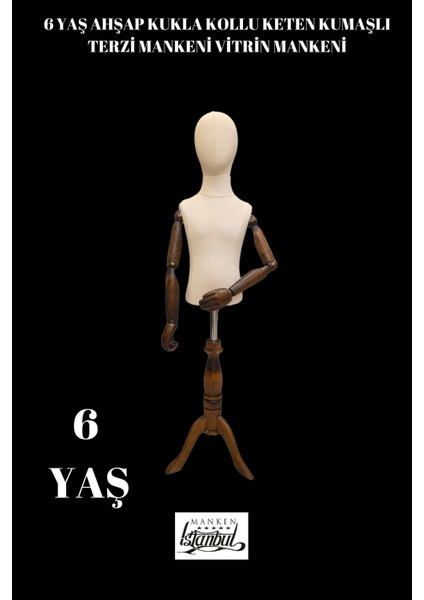 6 Yaş Keten Kumaşlı Ahşap Kollu Kumaş Kafalı Çocuk Terzi Mankeni Vitrin Mankeni