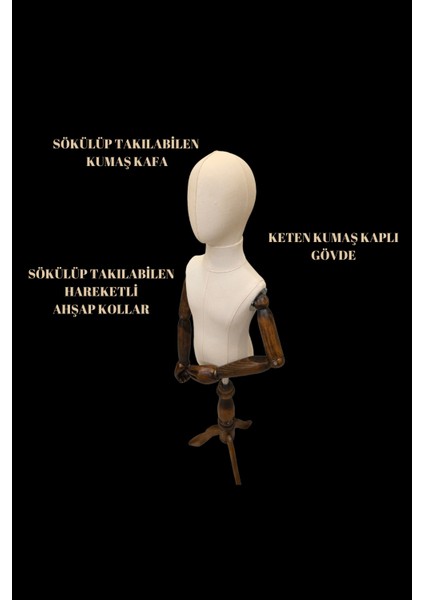 6 Yaş Keten Kumaşlı Ahşap Kollu Kumaş Kafalı Çocuk Terzi Mankeni Vitrin Mankeni modelleri