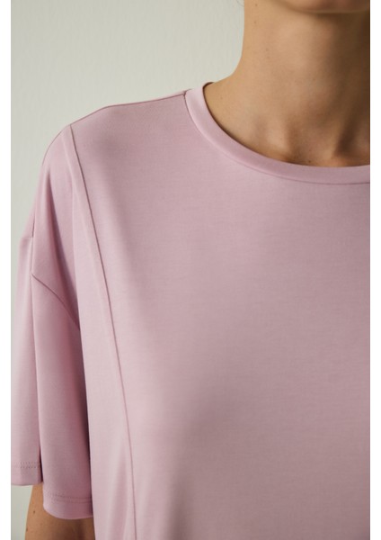 Lila Bisiklet Yaka Dikiş Detaylı Modal Oversize Tişört