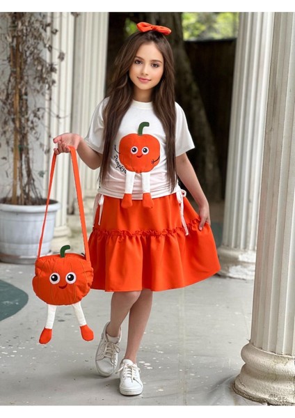 Kız Çocuk Tişört / Etek / Toka / Çanta 4'lü Set