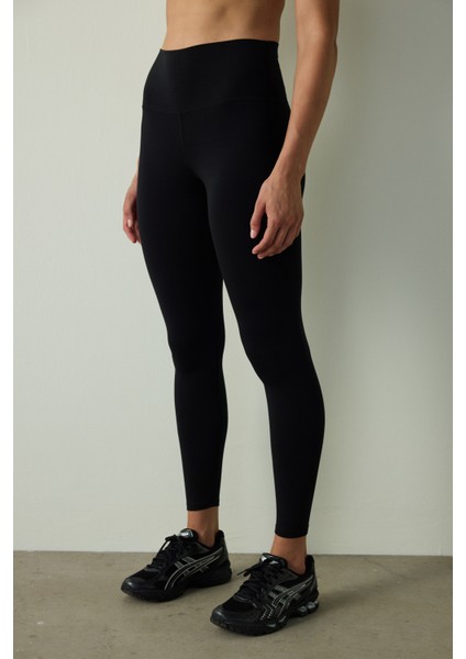 Siyah Yüksek Bel Pamuk Modal Karışımlı Slim Fit Spor Tayt