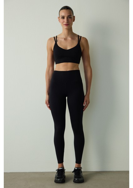 Siyah Yüksek Bel Pamuk Modal Karışımlı Slim Fit Spor Tayt