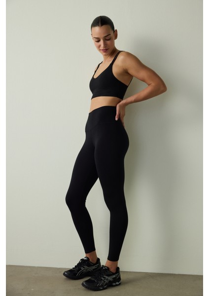 Siyah Yüksek Bel Pamuk Modal Karışımlı Slim Fit Spor Tayt