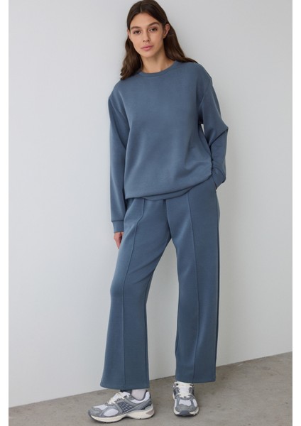 Koyu Gri Yüksek Bel Lastikli Düz Paça Modal Pantolon