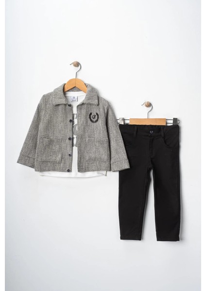 Erkek Çocuk Ceketi Nakışlı Pantolonlu Baskılı Tişörtlü Spor Üçlü Takım