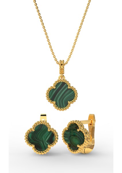 925 Ayar Yeşil Kaplangözü Taşlı Gold Yonca Kolye Küpe 2'li Gümüş Set-Takım modelleri