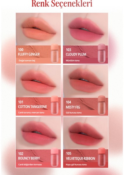 Blur Efekti Veren, Kadife Bitişli, Dolgunlaştırıcı Tint Clıo Volumate Blur Tint 101 Cotton Tangerine modelleri