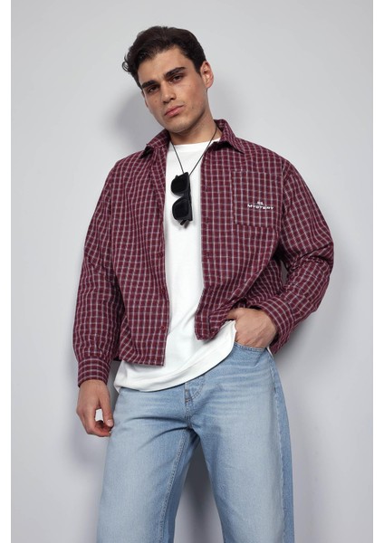 Erkek Oversize Ekose Uzun Kollu Gömlek Bordo