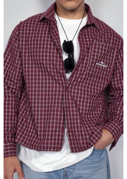Erkek Oversize Ekose Uzun Kollu Gömlek Bordo modelleri