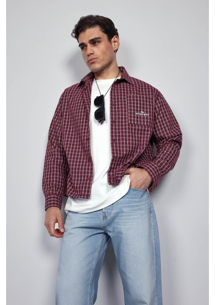 Erkek Oversize Ekose Uzun Kollu Gömlek Bordo fırsatları