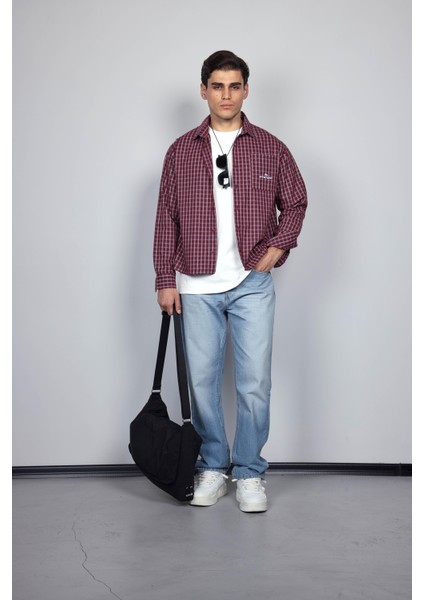 Erkek Oversize Ekose Uzun Kollu Gömlek Bordo indirimleri