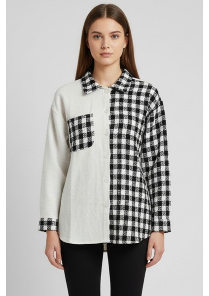 Kadın Siyah Oversize Fit Ekoseli Desenli Uzun Kollu %100 Pamuk Gömlek, Ceket, Kadın Oduncu Gömlek