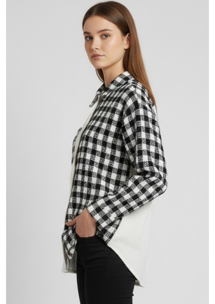 Kadın Siyah Oversize Fit Ekoseli Desenli Uzun Kollu %100 Pamuk Gömlek, Ceket, Kadın Oduncu Gömlek fiyatları