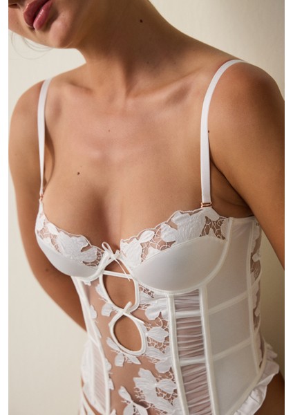Kırık Beyaz Brode Işlemeli Çiçekli Push Up Korseli Büstiyer