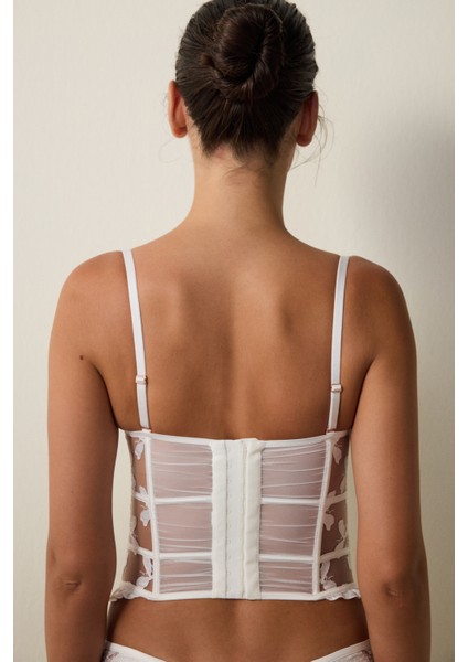 Kırık Beyaz Brode Işlemeli Çiçekli Push Up Korseli Büstiyer
