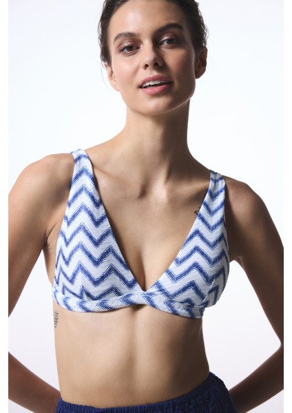 Biana Navy Deep V Kesim Zigzag Desenli Bikini Üstü