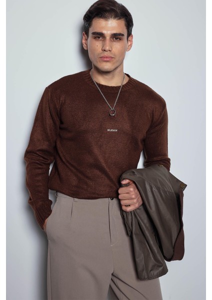 Erkek Regular Fit Bisiklet Yaka Kazak Kahve