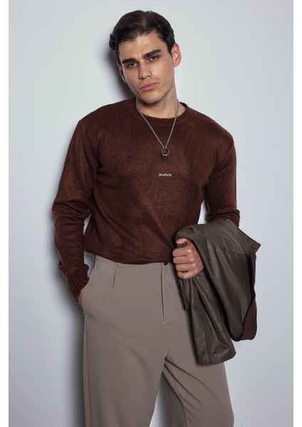 Erkek Regular Fit Bisiklet Yaka Kazak Kahve fiyatları