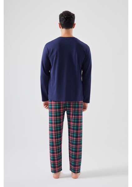 Erkek Pamuklu Göğüs Cepli Lacivert- Kırmızı Ekose Desenli Uzun Kollu Cep Detaylı Pijama Takımı indirimleri