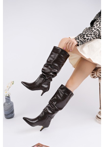 Rumba Sivri Burun Kırışık Kroko Desenli Ince Topuklu Kadın Çizme modelleri