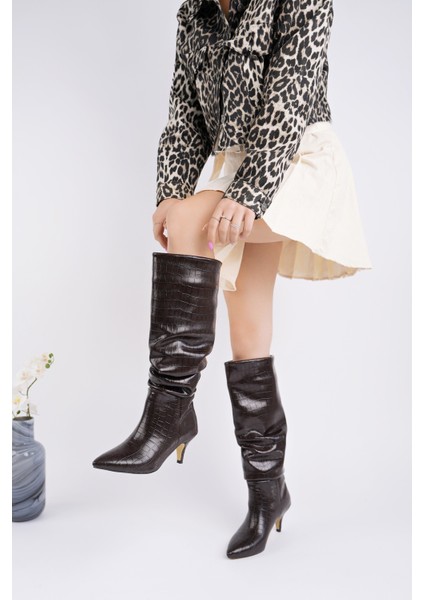 Rumba Sivri Burun Kırışık Kroko Desenli Ince Topuklu Kadın Çizme fırsatları