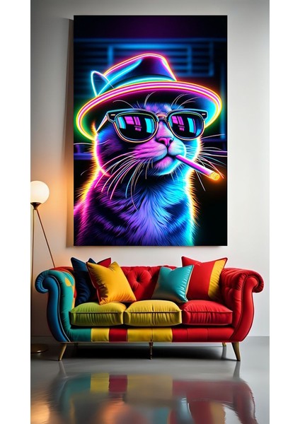 Neon Sigaralı Kedi V1 Ev Duvar Salon Güzellik Salonu Ofis Dükkan Dekarasyon Kanvas Tablo
