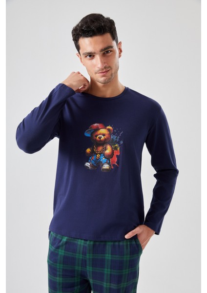 Erkek Pamuklu Ayıcık Baskılı Ekoseli Cepli Pijama Takımı