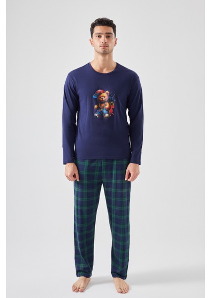 Erkek Pamuklu Ayıcık Baskılı Ekoseli Cepli Pijama Takımı fiyatları