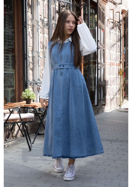 Lacivert Önü Fermuarlı Klasik Gömlekli Kız Çocuk Kuşaklı Jean Elbise 22738