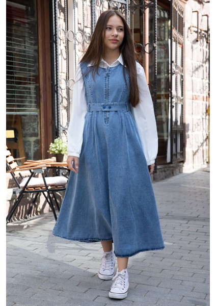 Lacivert Önü Fermuarlı Klasik Gömlekli Kız Çocuk Kuşaklı Jean Elbise 22738 fiyatları