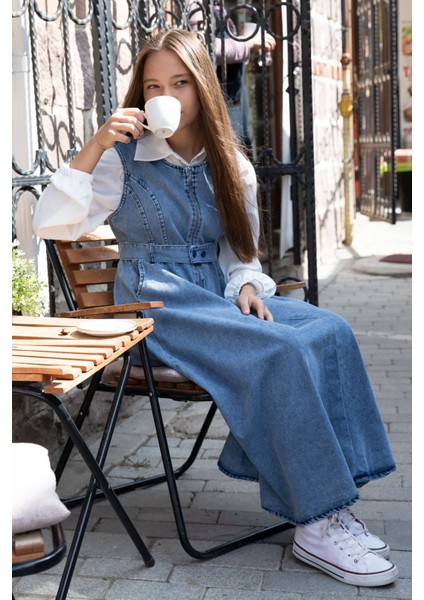 Lacivert Önü Fermuarlı Klasik Gömlekli Kız Çocuk Kuşaklı Jean Elbise 22738 modelleri