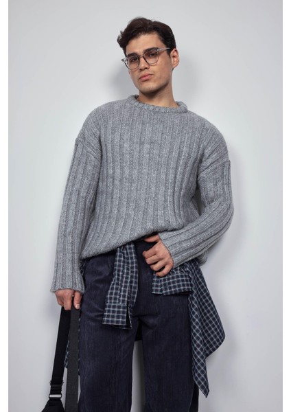 Erkek Oversize Kalın Fitilli Triko Kazak Gri