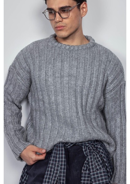 Erkek Oversize Kalın Fitilli Triko Kazak Gri fiyatları