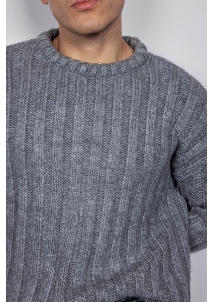 Erkek Oversize Kalın Fitilli Triko Kazak Gri fırsatları