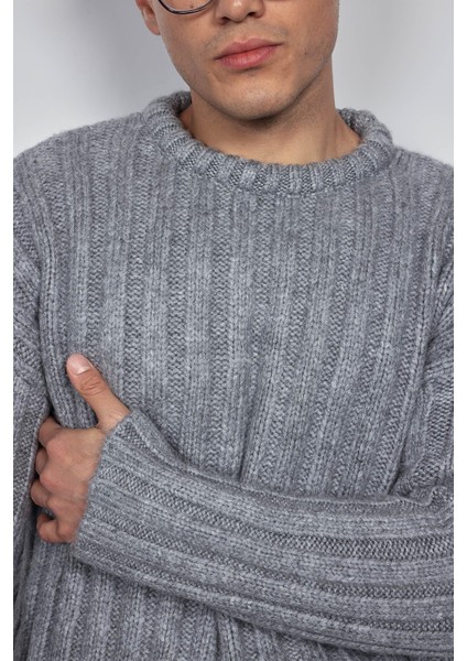 Erkek Oversize Kalın Fitilli Triko Kazak Gri indirimleri