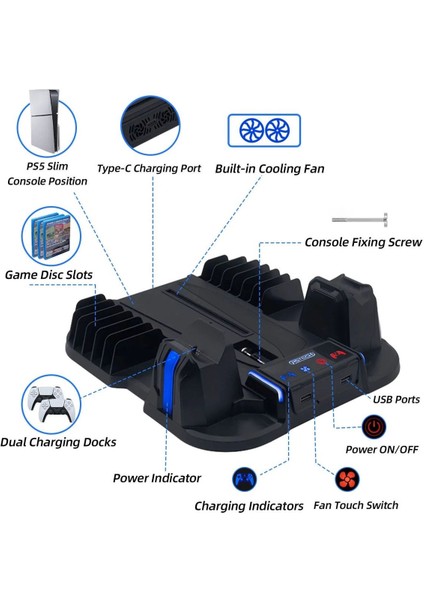 Pg-Tech GP-521 Ps5 Slim Disk/ps5 Slim Dijital Uyumlu Multifonksiyonel Soğutucu Fan Şarj Stand modelleri