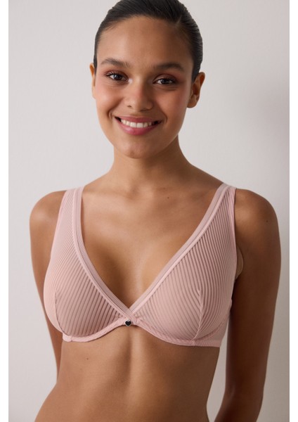 Açık Gül Kurusu Pureness Çizgili Balenli Dolgusuz Sütyen